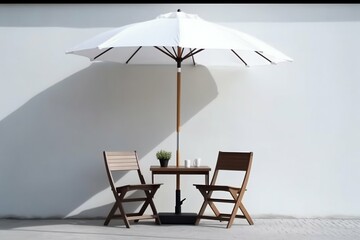 Chair, Table, and Umbrella in Front of White Wall. Generative ai - obrazy, fototapety, plakaty