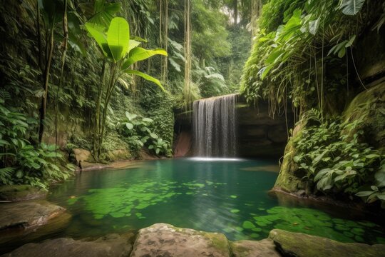 majestic waterfall tumbling into pristine jungle pool, created with generative ai