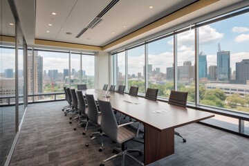Fototapeta na wymiar corporate meeting room, with view of the city skyline and bustling streets visible through the windows, created with generative ai
