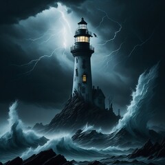 Background gloomy lighthouse storm at sea