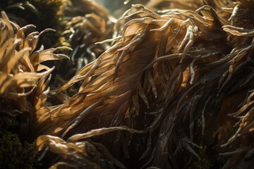 close-up of kelp fronds and their feathery texture, created with generative ai
