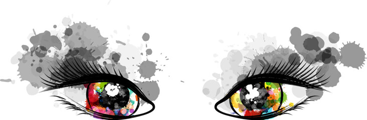Beautiful colorful eyes with grey paint splash decorative elements. Conceptual vector illustration in artistic style.