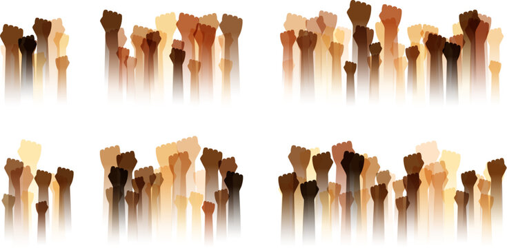 Hands up silhouettes, dividers collection. Decoration element from human raised fists. Conceptual illustration for festivals, concerts, social public communities, education or volunteering.