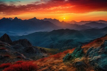 majestic mountain range with the sun setting behind, surrounded by vivid colors, created with generative ai