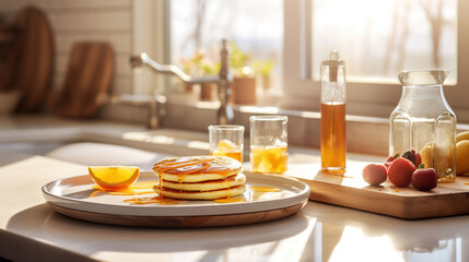 A pancake breakfast plate in a wide shot of a beautiful modern kitchen with beautiful morning light coming in from the large windows, AI Generative