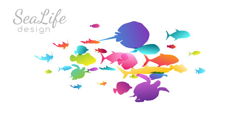 Fototapeta premium Colony of swiming sea or aquarium colorful fishes. Group of color silhouettes . Collection of isolated vector decoration.