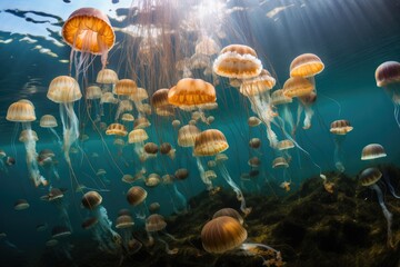 Fototapeta na wymiar jellyfish swimming among schools of fish in underwater world, created with generative ai