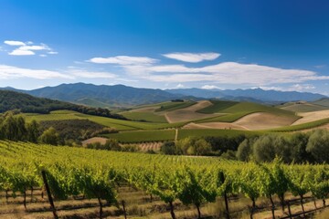 Fototapeta na wymiar vineyard with rolling hills and blue sky, surrounded by distant mountains, created with generative ai