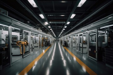 a factory floor, where robotic arms and other autonomous machines work in tandem to produce high-quality products, created with generative ai