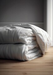 Folded Soft White Fluffy and Thick Duvet against White Background Interior. Generative ai