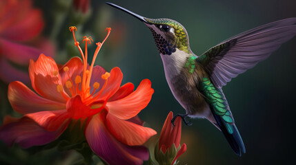 Fototapeta na wymiar Hummingbird flying near colorful flowers. AI Generative