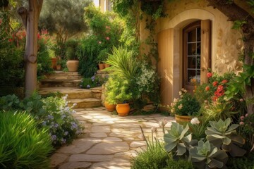 lush garden and stone path leading to the front door of a mediterranean house, created with generative ai