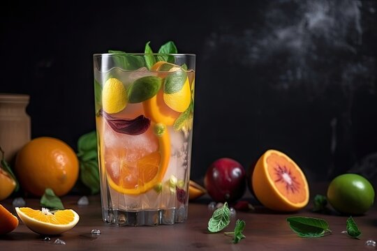 a tumbler filled with ice and fruit juice, ready to be mixed for a refreshing summer cocktail, created with generative ai