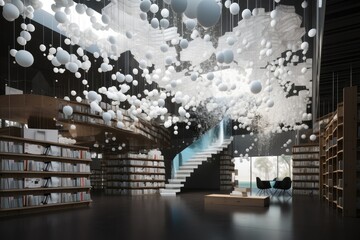 futuristic and conceptual library, with books floating in the air, created with generative ai