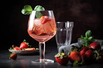 glass of sparkling rose cocktail, with fresh strawberries and mint, created with generative ai