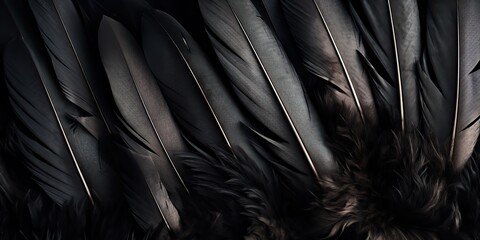 AI Generated. AI Generative. Photo realistic black feathers pattern background texture. Ellegant aesthetics luxury vibe. Graphic Art - obrazy, fototapety, plakaty