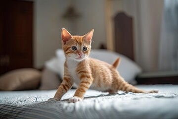 cute newborn kitten waking from nap and stretching its legs, created with generative ai