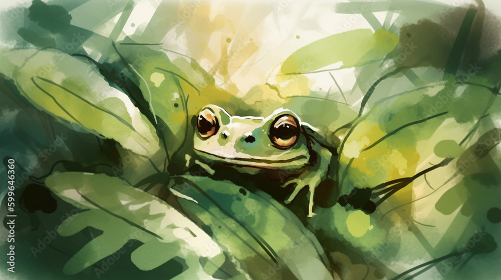 Canvas Prints A frog hiding among the leaves watercolor Generative AI 