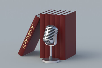 Audiobook concept with inscription on book near microphone. Modern technology. Sound literature. 3d render