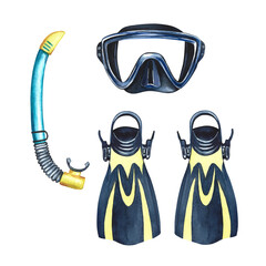 A set of diving equipment. Acrarel hand drawn illustration. Concept for label, magnet, business card and banner, flyer and brochure. For prints, stickers, postcards