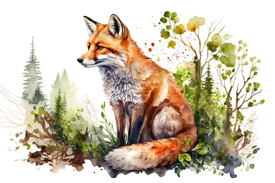 Beautiful red fox in the forest, watercolor illustration generative AI