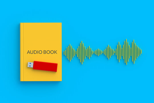 Audiobook concept with inscription on book near flash drive and voice wave. Modern technology. Sound literature. Top view. 3d render