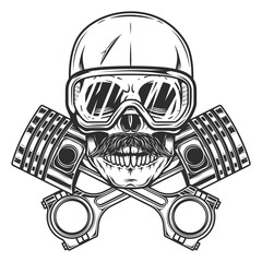 Biker skull with mustache in safety glasses with crossed engine pistons service repair motorcycle, car and truck business in vintage monochrome isolated vector illustration