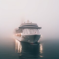 Fototapeta na wymiar A cruise ship in the middle of a foggy ocean. Generative AI image.