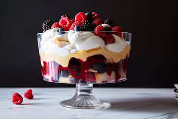 a decadent trifle dessert with layers of pudding, berries, and meringue, created with generative ai