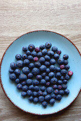 Turquoise plate with fresh blueberries on wooden background. Top view.
