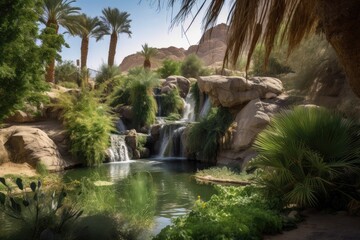 oasis with waterfall and lush greenery in the desert, created with generative ai