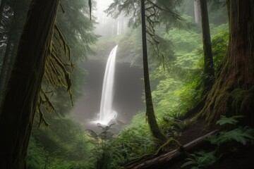 waterfall crashing down into misty forest with trees and greenery, created with generative ai