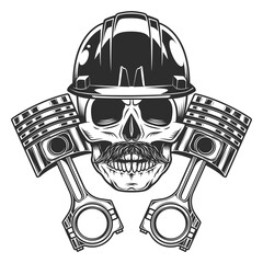 Skull with mustache in hard hat construction helmet with crossed engine pistons service repair motorcycle, car and truck business in vintage monochrome isolated vector illustration