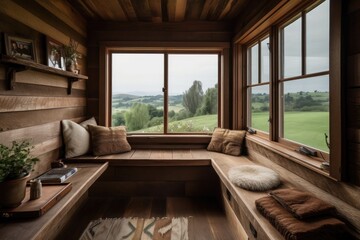 cabin retreat with window seat and view of rolling hills, created with generative ai