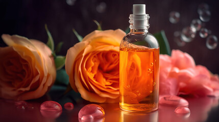 Obraz na płótnie Canvas Bottle of vitamin C serum and rose flower in water on color background, AI Generative