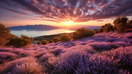 the sun is setting over a field of lavender flowers