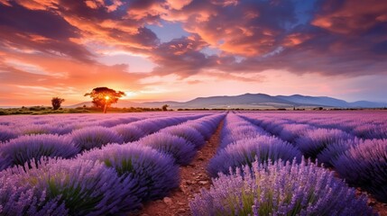Naklejka na ściany i meble a field of lavender flowers with the sun setting in the background