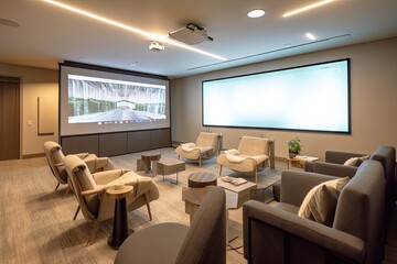 modern living room with video conference system, large screen monitor and comfortable seating for participants, created with generative ai