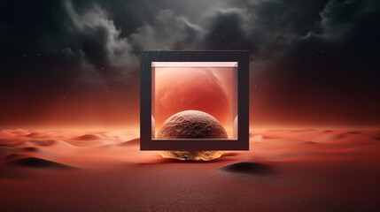Mars and Martian Inspired Surreal Futuristic Background with Square Portal Structure and Glowing Moon/Planet in the Background - Futuristic Sci-Fi Red Planet - Generative AI
