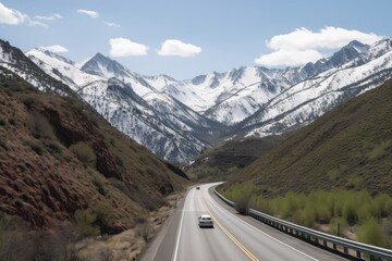 view of scenic highway rolling through the mountains, with snow-capped peaks in the background, created with generative ai