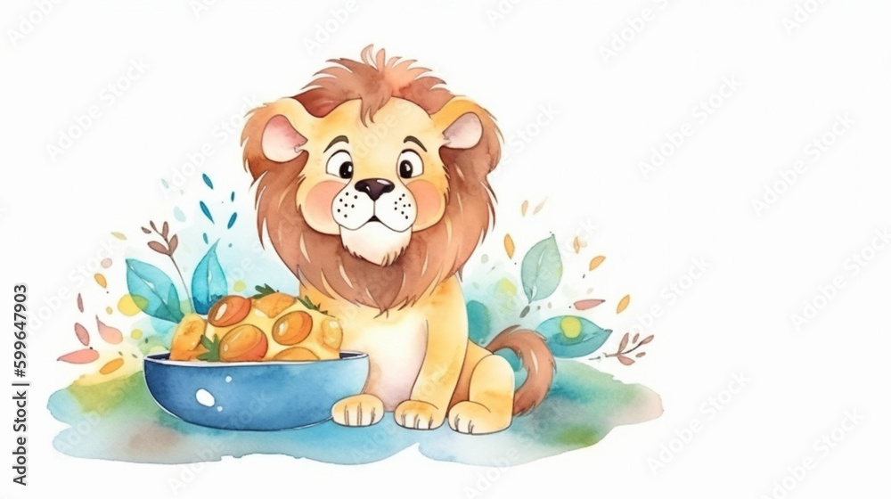 Wall mural Lion happy with a bowl of food watercolor Generative AI 