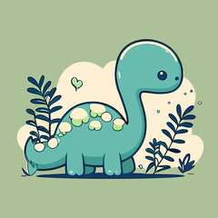 Cute cartoon dinosaur with leaves. Vector illustration for your design