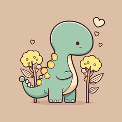 Cute cartoon dinosaur with leaves. Vector illustration for your design