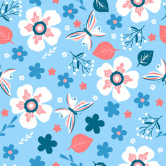 Fototapeta premium Seamless spring pattern with different cute flowers, leaves and butterflies