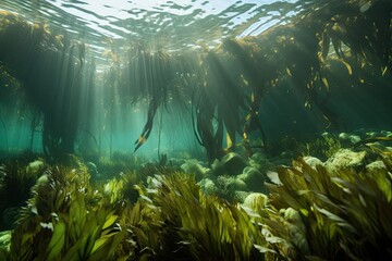 close-up of kelp forest, with swaying fronds and underwater plants, created with generative ai - obrazy, fototapety, plakaty