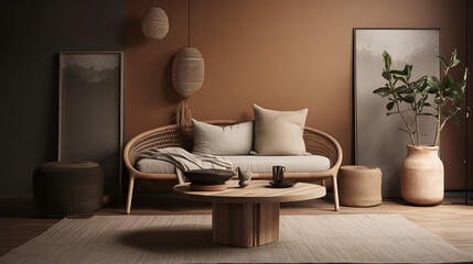 Wohnzimmer im modern minimalistischen Stil, mit organische Formen und warmen Erdtönen, symbolisch für achtsames leben (Generative AI)