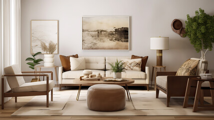 Obraz na płótnie Canvas Wohnzimmer im modern minimalistischen Stil, mit organische Formen und warmen Erdtönen, symbolisch für achtsames leben (Generative AI)