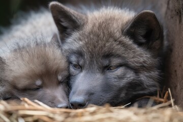 Naklejka premium baby wolf, eyes still closed, nestled in mother's fur, created with generative ai
