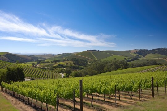 vineyard with rolling hills and clear blue skies, created with generative ai