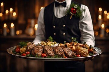 Waiter Carrying Plates with Meat Dish. Generative ai